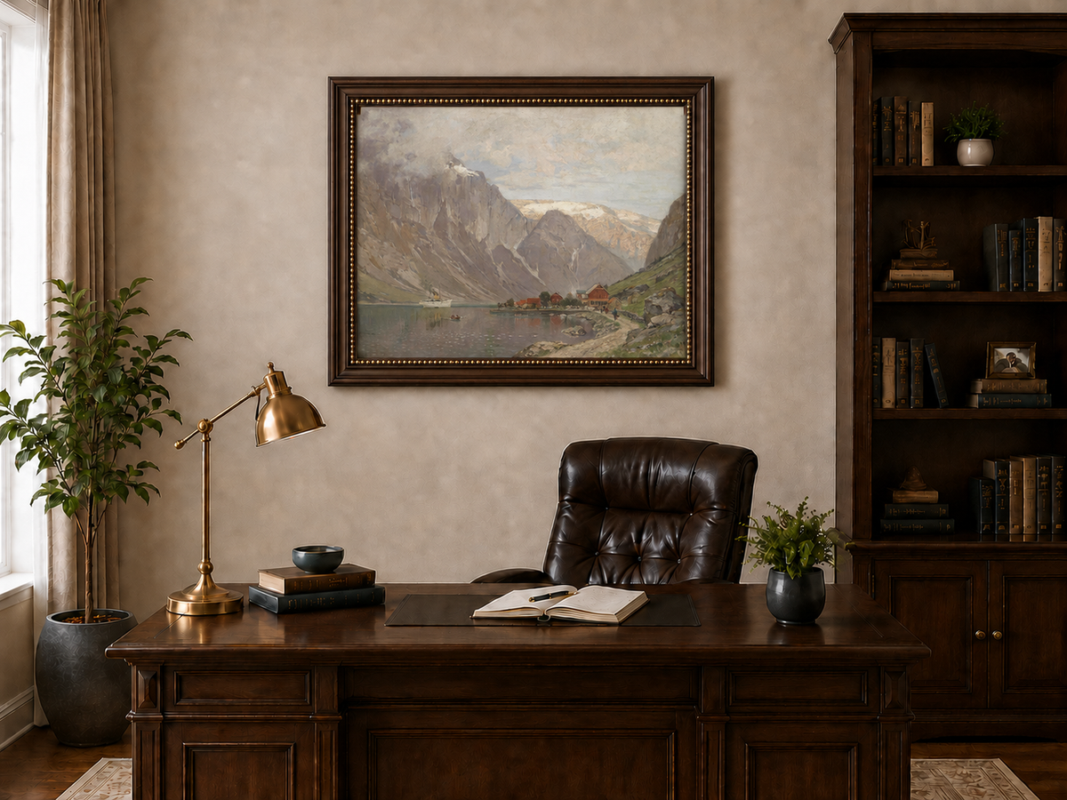 Peinture à l'huile de paysage - Village de fjord de montagne au bord d'un lac calme