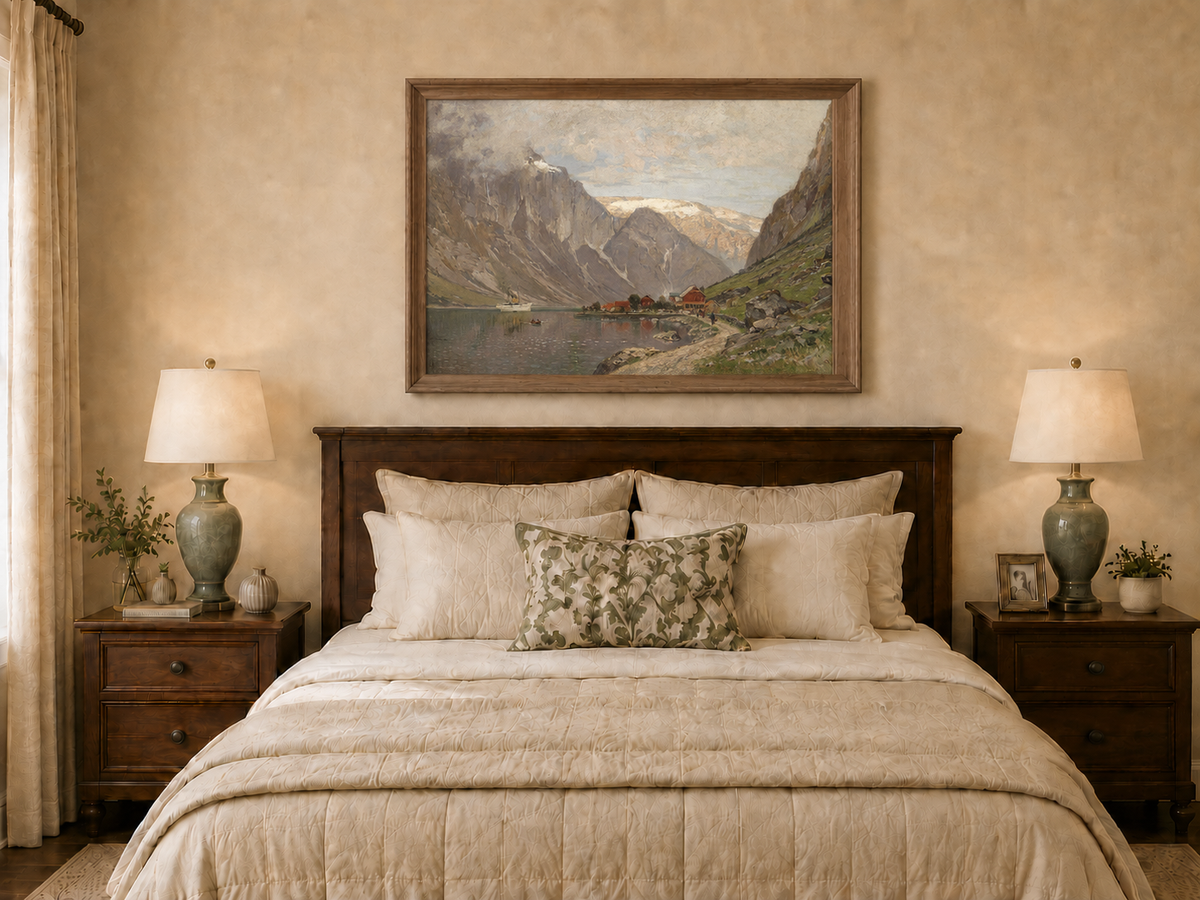 Peinture à l'huile de paysage - Village de fjord de montagne au bord d'un lac calme