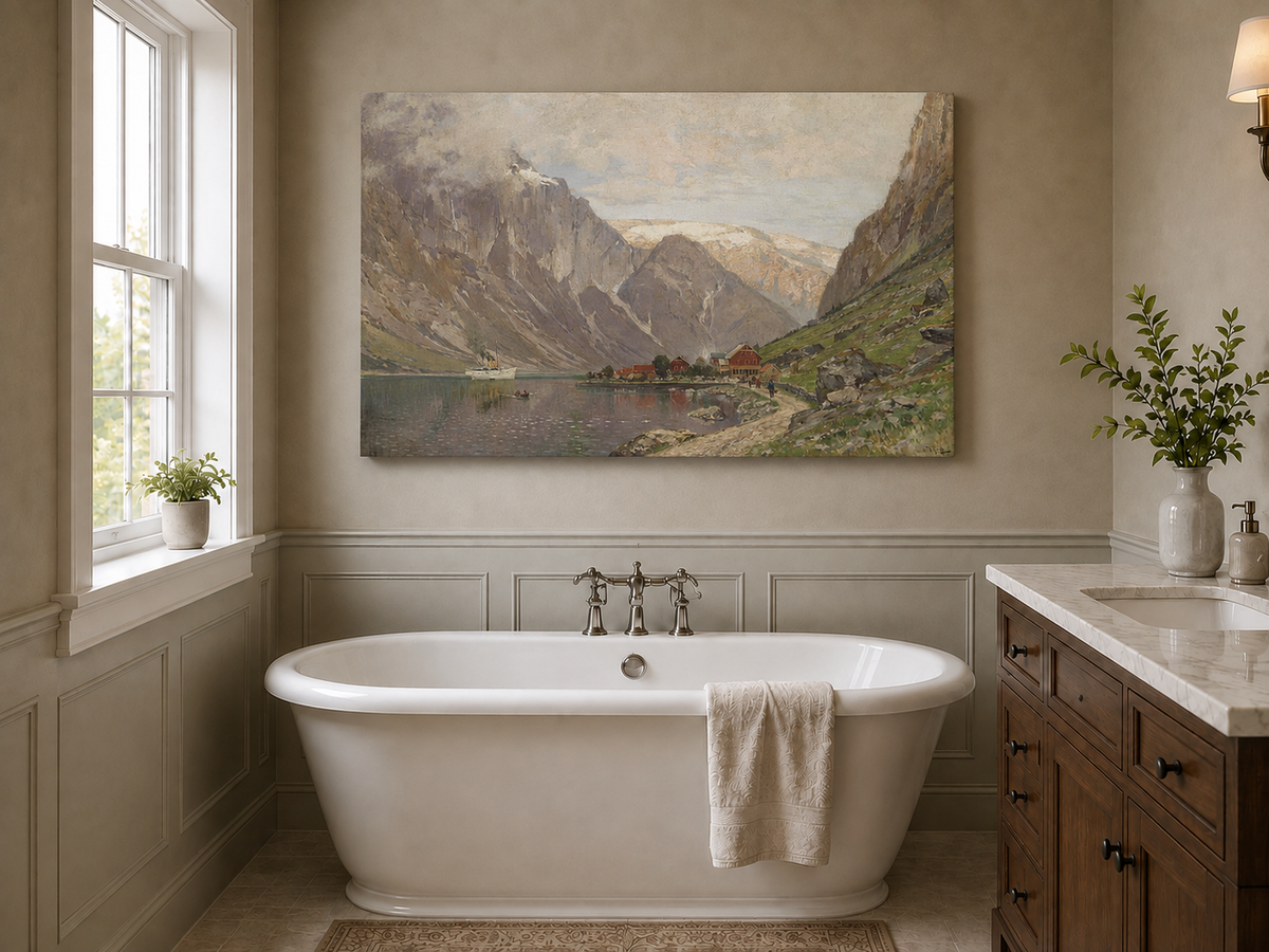 Peinture à l'huile de paysage - Village de fjord de montagne au bord d'un lac calme