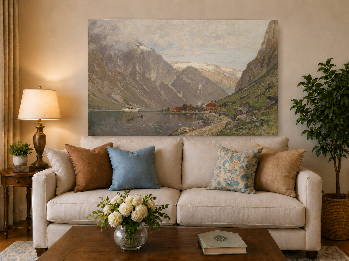 Peinture à l'huile de paysage - Village de fjord de montagne au bord d'un lac calme