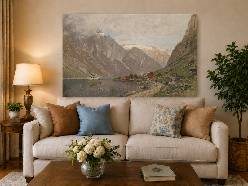 Peinture à l'huile de paysage - Village de fjord de montagne au bord d'un lac calme