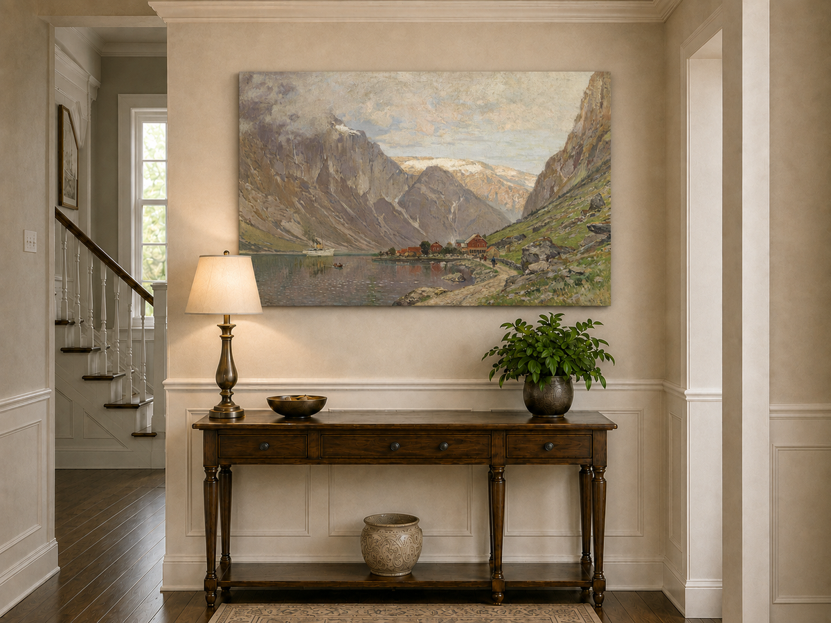 Peinture à l'huile de paysage - Village de fjord de montagne au bord d'un lac calme