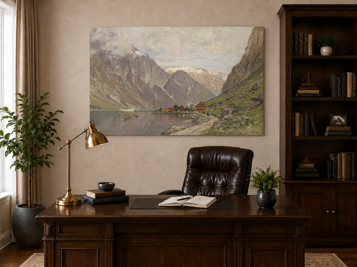 Peinture à l'huile de paysage - Village de fjord de montagne au bord d'un lac calme