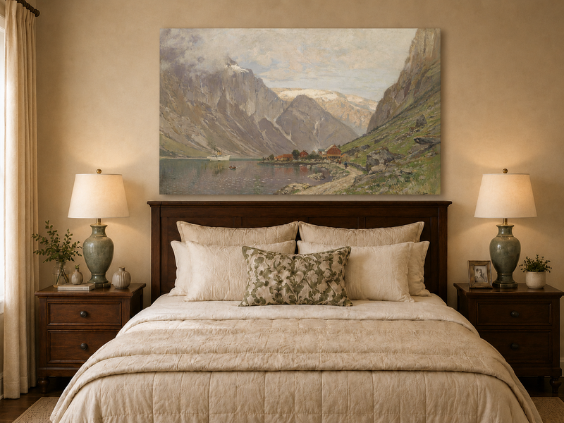 Peinture à l'huile de paysage - Village de fjord de montagne au bord d'un lac calme