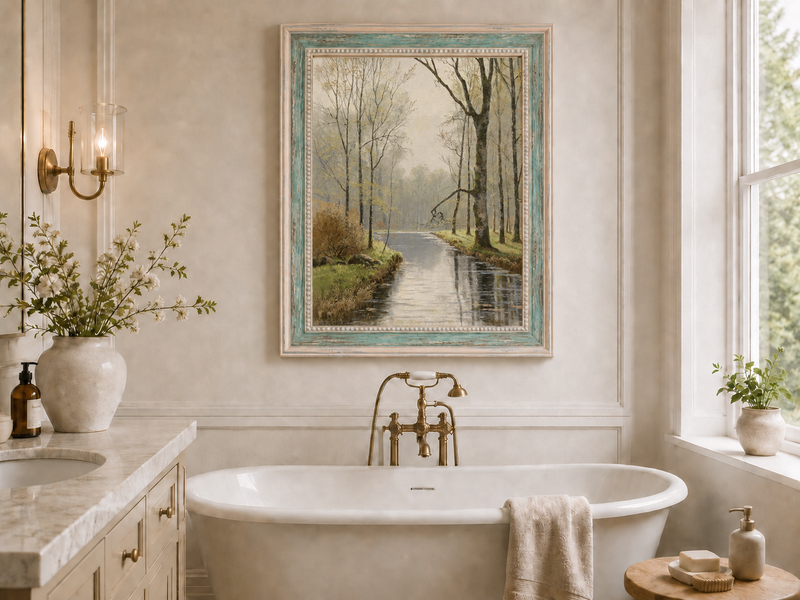 Peinture à l'huile de paysage - Ruisseau paisible en forêt au début du printemps