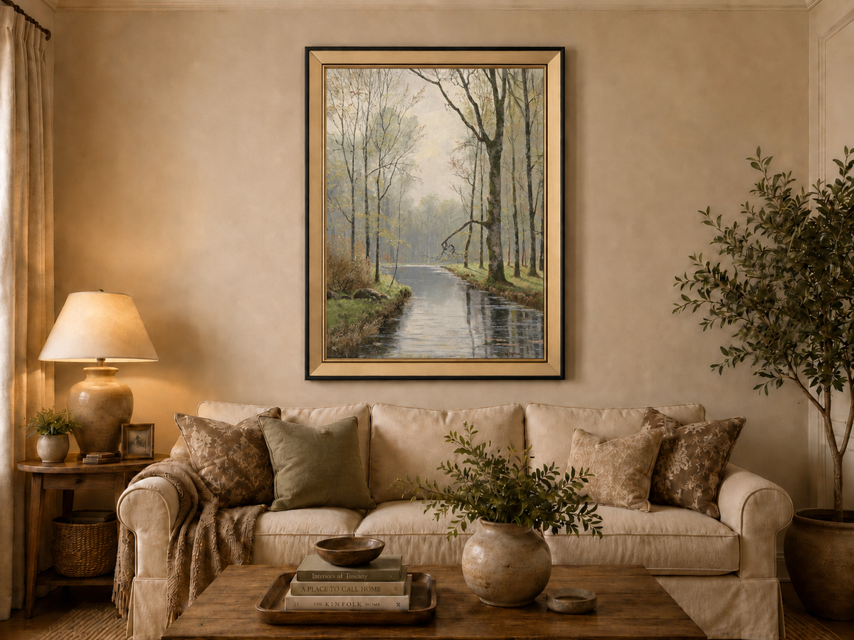 Peinture à l'huile de paysage - Ruisseau paisible en forêt au début du printemps