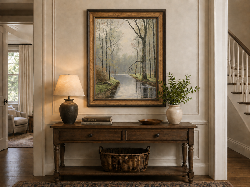 Peinture à l'huile de paysage - Ruisseau paisible en forêt au début du printemps
