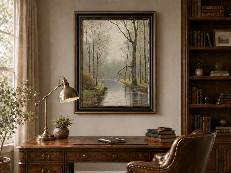 Peinture à l'huile de paysage - Ruisseau paisible en forêt au début du printemps