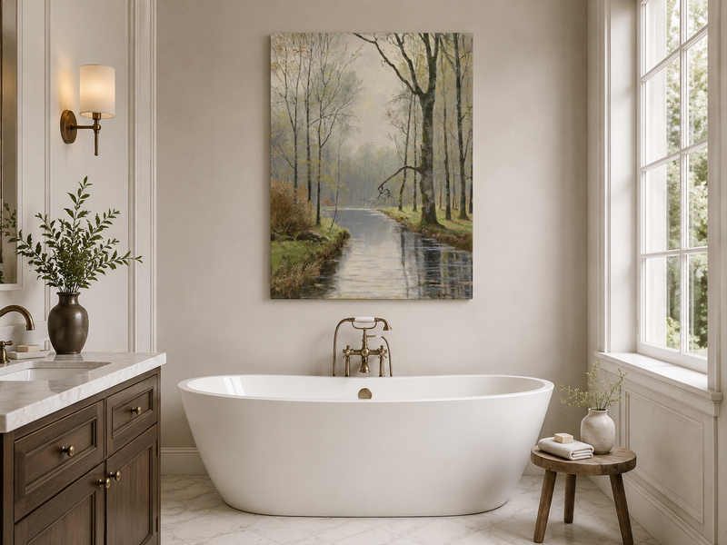Peinture à l'huile de paysage - Ruisseau paisible en forêt au début du printemps