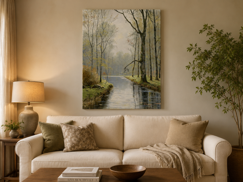 Peinture à l'huile de paysage - Ruisseau paisible en forêt au début du printemps
