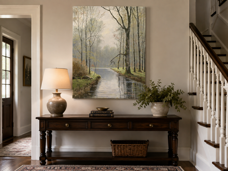 Peinture à l'huile de paysage - Ruisseau paisible en forêt au début du printemps