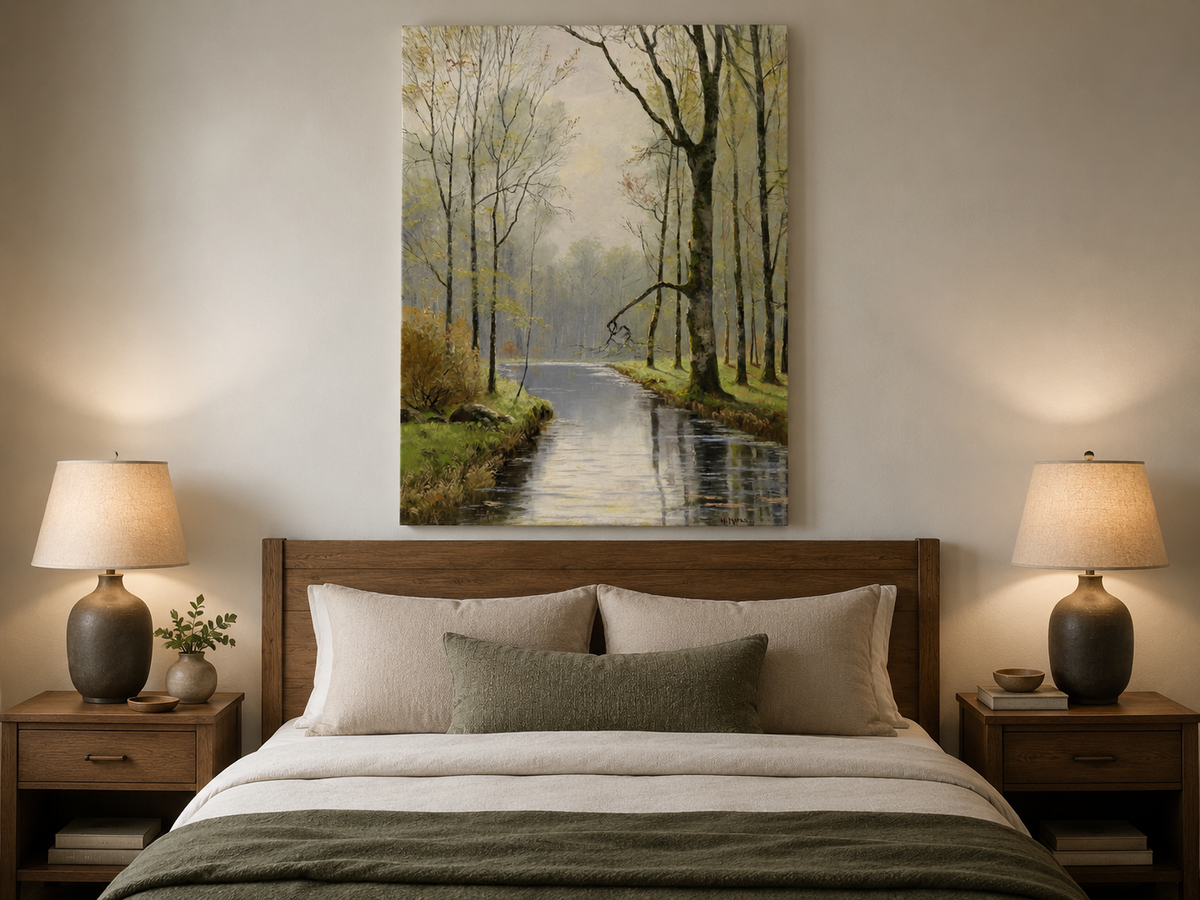Peinture à l'huile de paysage - Ruisseau paisible en forêt au début du printemps