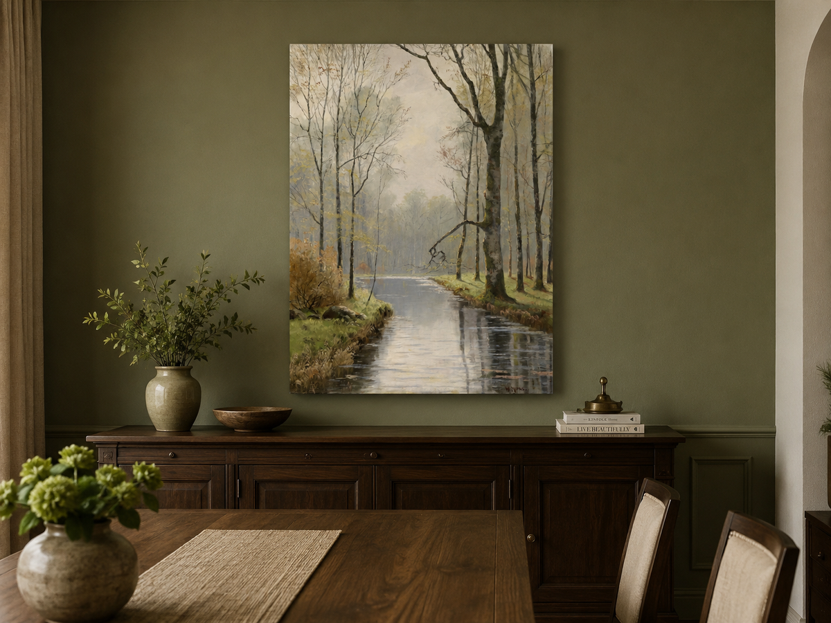 Peinture à l'huile de paysage - Ruisseau paisible en forêt au début du printemps