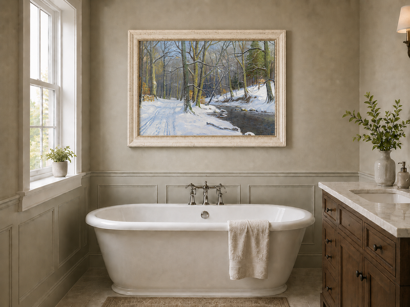 Peinture à l'huile de paysage - Ruisseau en forêt hivernale : arbres enneigés