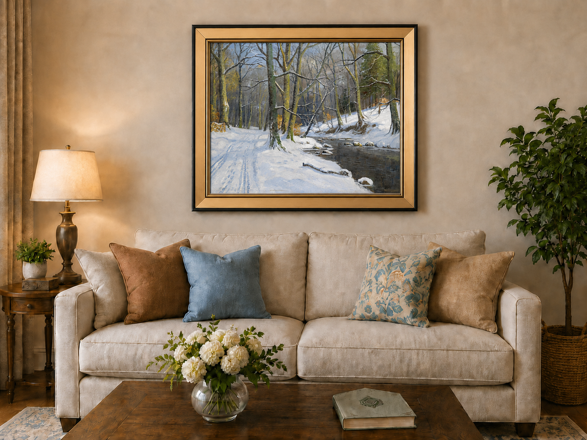 Peinture à l'huile de paysage - Ruisseau en forêt hivernale : arbres enneigés