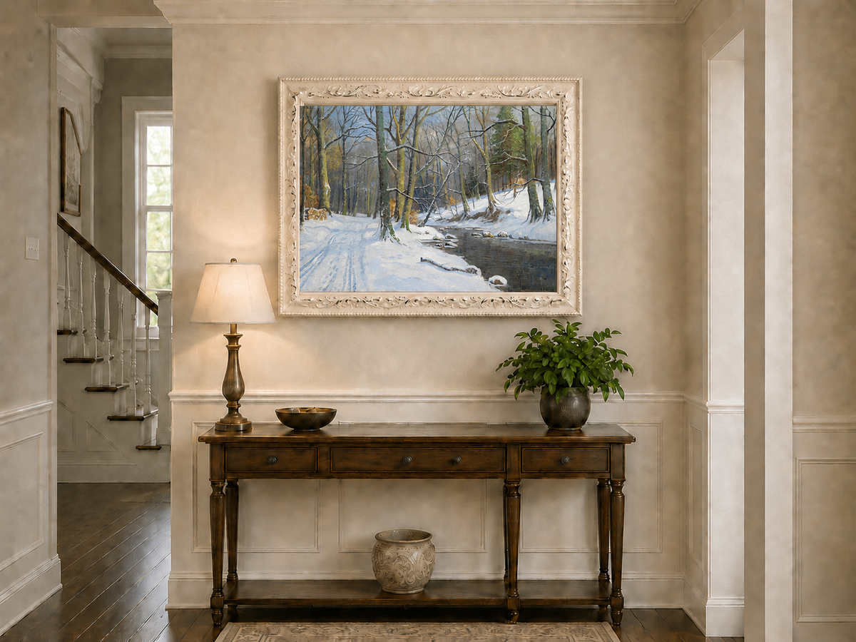 Peinture à l'huile de paysage - Ruisseau en forêt hivernale : arbres enneigés