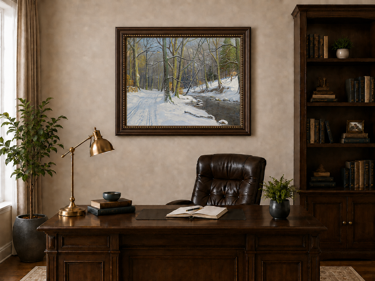 Peinture à l'huile de paysage - Ruisseau en forêt hivernale : arbres enneigés