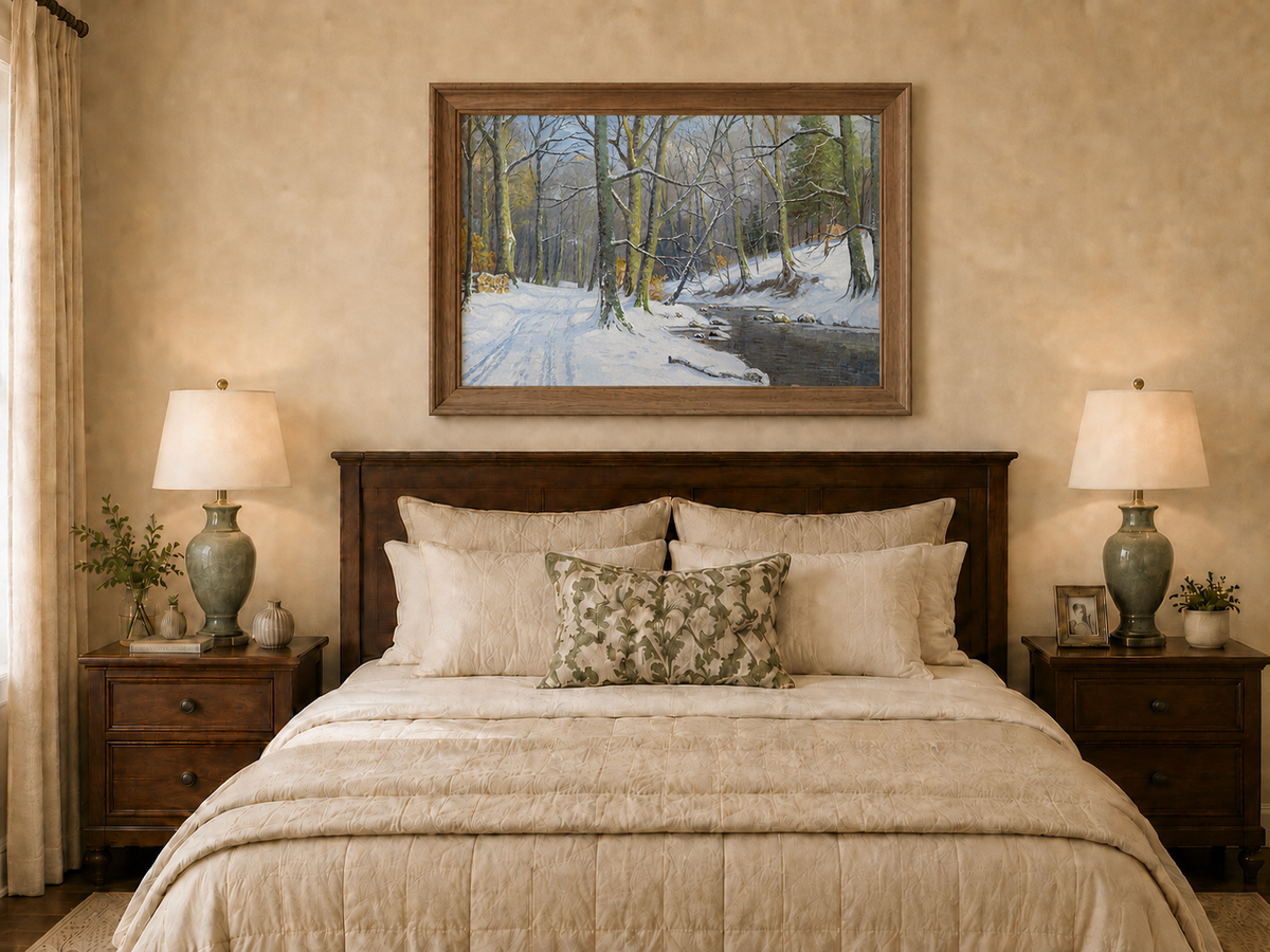 Peinture à l'huile de paysage - Ruisseau en forêt hivernale : arbres enneigés