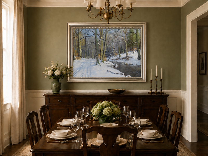 Peinture à l'huile de paysage - Ruisseau en forêt hivernale : arbres enneigés