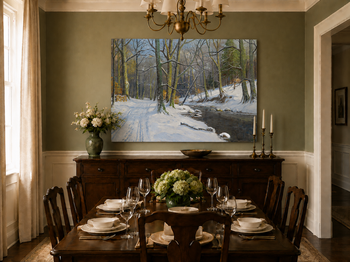 Peinture à l'huile de paysage - Ruisseau en forêt hivernale : arbres enneigés