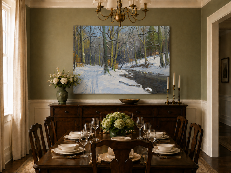 Peinture à l'huile de paysage - Ruisseau en forêt hivernale : arbres enneigés