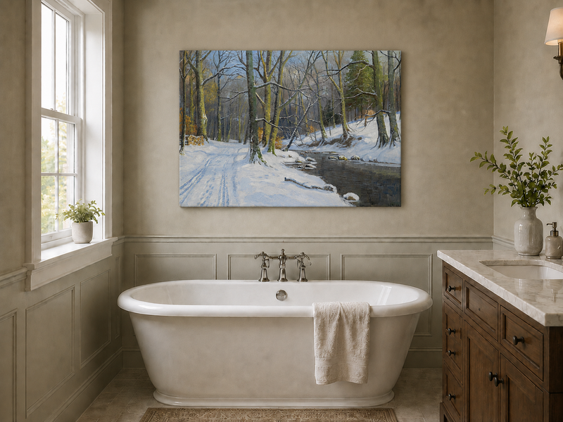 Peinture à l'huile de paysage - Ruisseau en forêt hivernale : arbres enneigés