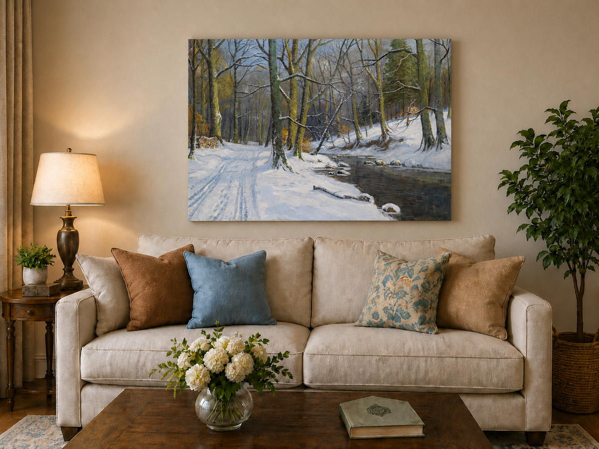 Peinture à l'huile de paysage - Ruisseau en forêt hivernale : arbres enneigés
