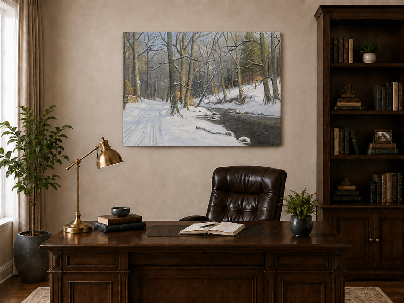 Peinture à l'huile de paysage - Ruisseau en forêt hivernale : arbres enneigés