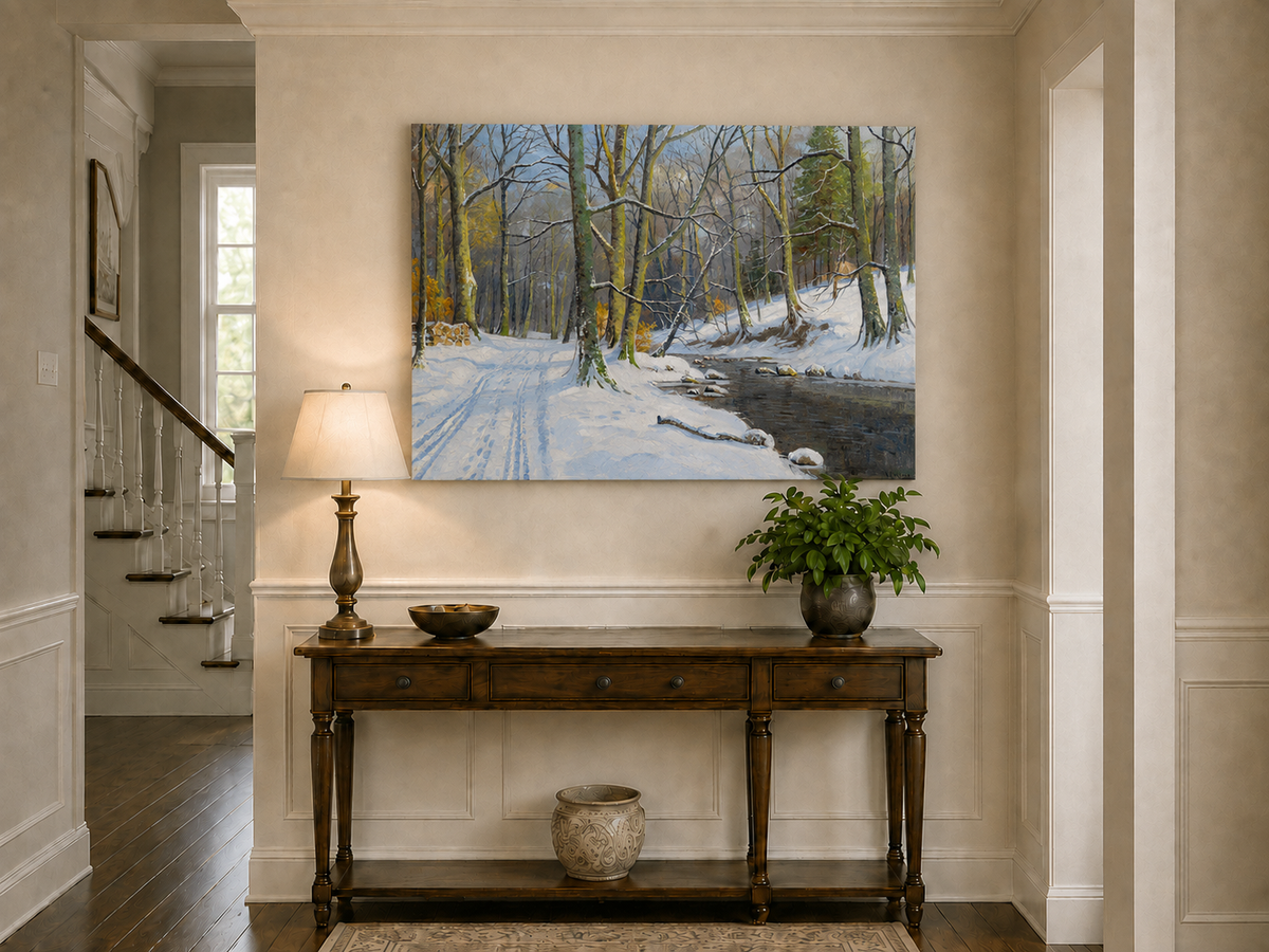 Peinture à l'huile de paysage - Ruisseau en forêt hivernale : arbres enneigés