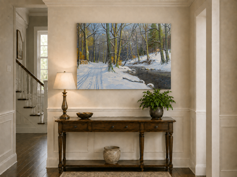 Peinture à l'huile de paysage - Ruisseau en forêt hivernale : arbres enneigés