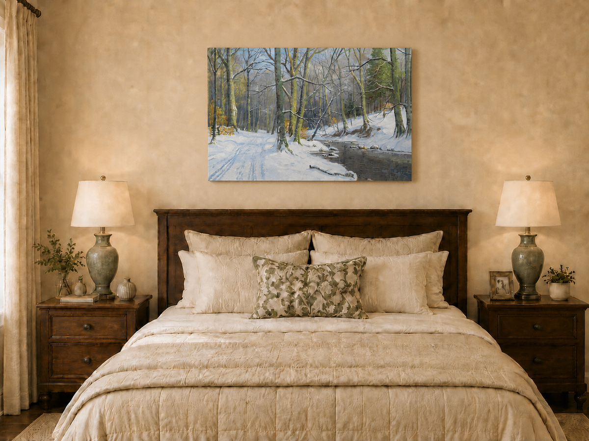 Peinture à l'huile de paysage - Ruisseau en forêt hivernale : arbres enneigés
