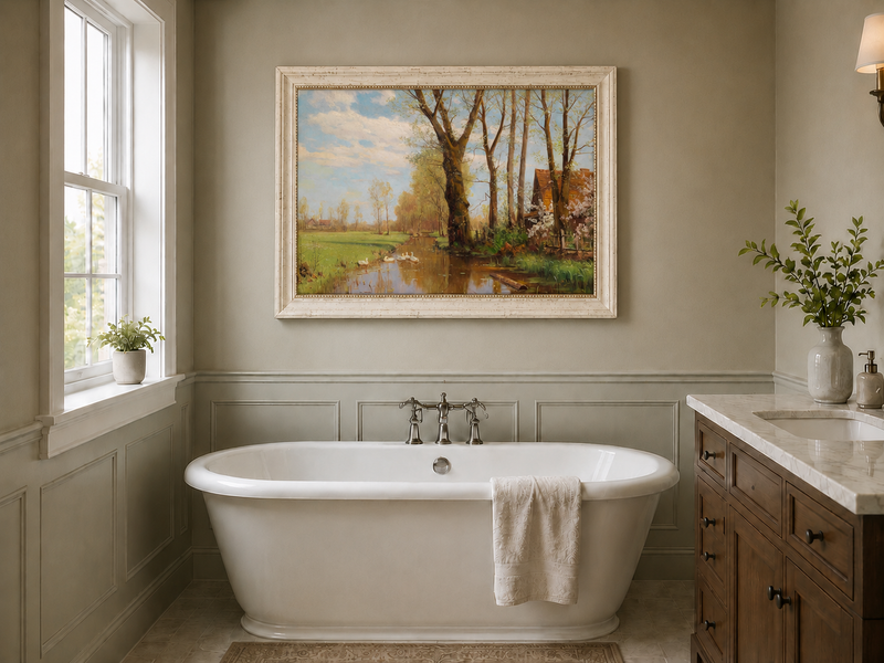 Landscape Oil Painting - Spring country canal & swans, cottage