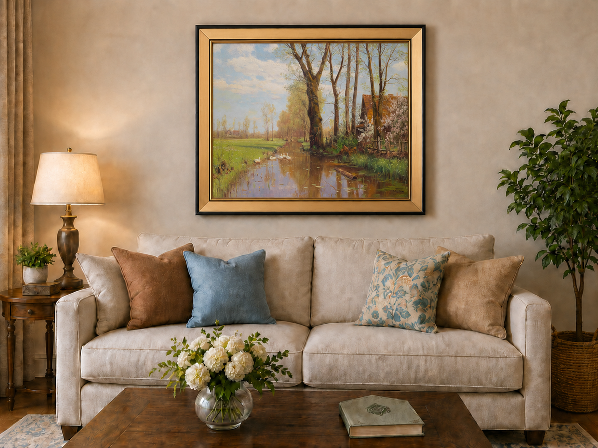 Landscape Oil Painting - Spring country canal & swans, cottage