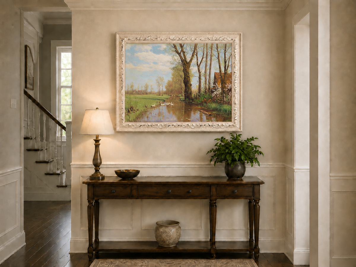Landscape Oil Painting - Spring country canal & swans, cottage