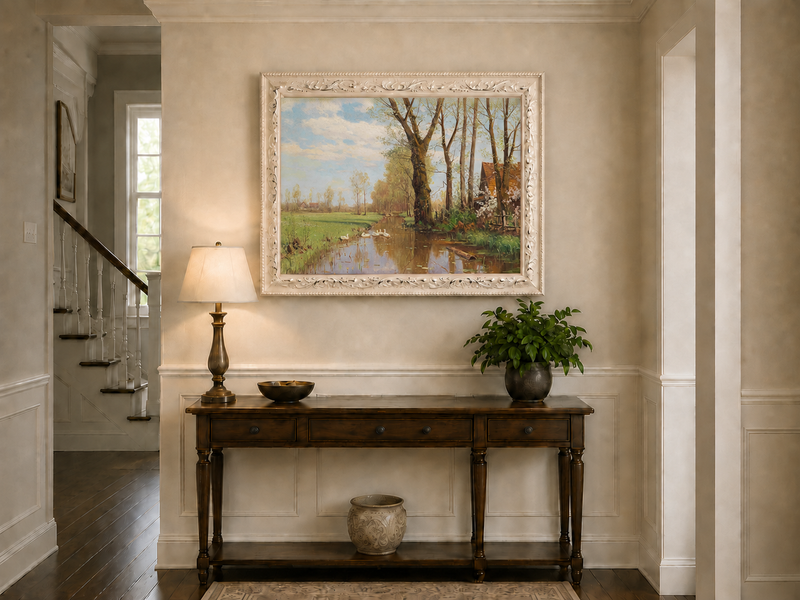 Landscape Oil Painting - Spring country canal & swans, cottage