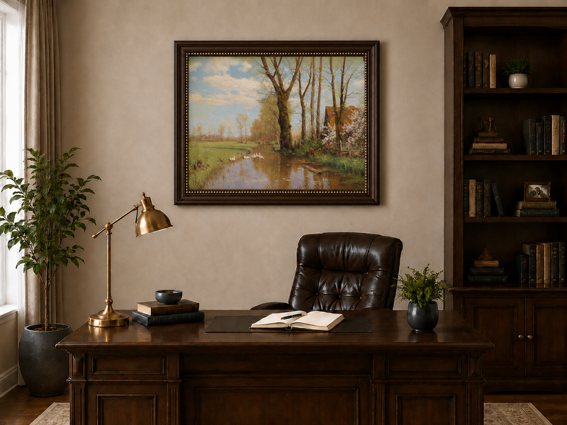Landscape Oil Painting - Spring country canal & swans, cottage