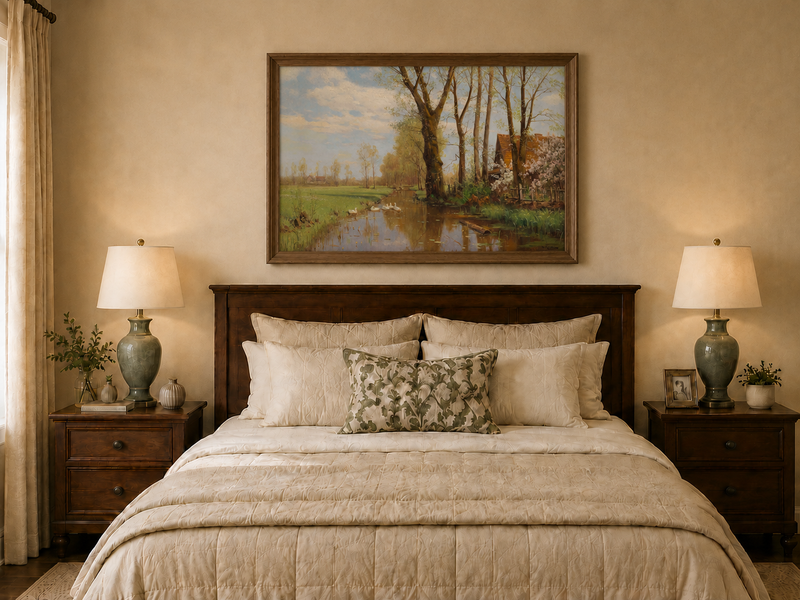 Landscape Oil Painting - Spring country canal & swans, cottage