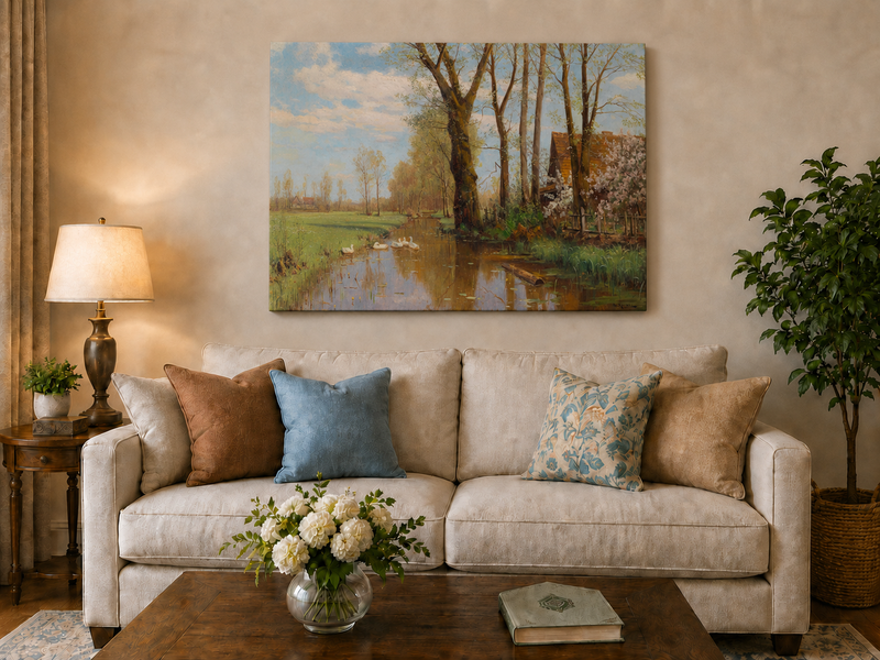 Landscape Oil Painting - Spring country canal & swans, cottage