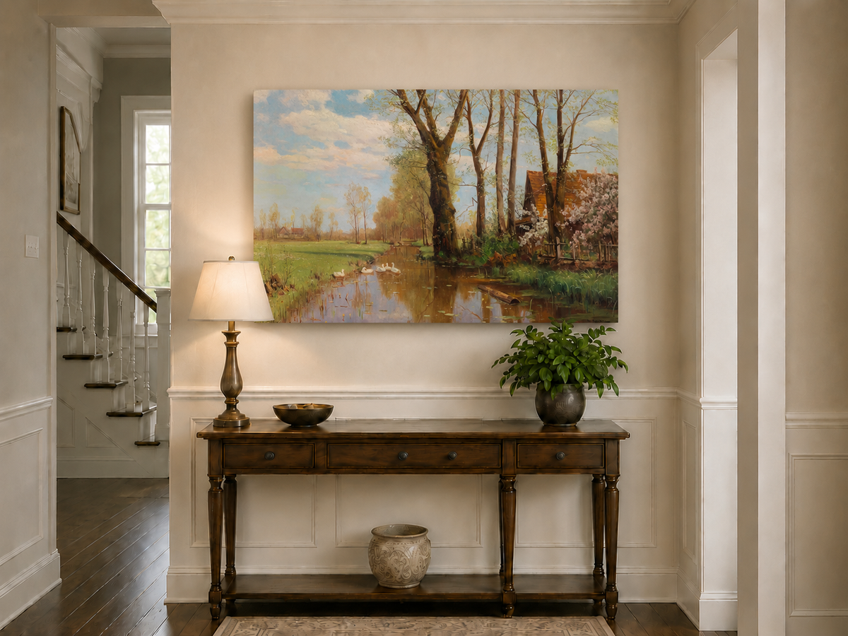Landscape Oil Painting - Spring country canal & swans, cottage