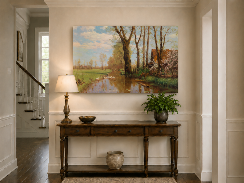 Landscape Oil Painting - Spring country canal & swans, cottage