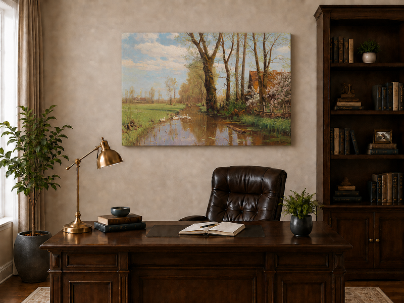 Landscape Oil Painting - Spring country canal & swans, cottage