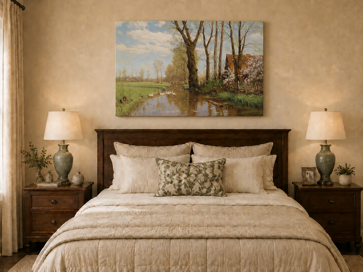 Landscape Oil Painting - Spring country canal & swans, cottage