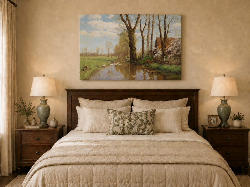 Landscape Oil Painting - Spring country canal & swans, cottage