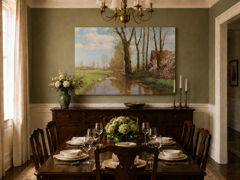 Landscape Oil Painting - Spring country canal & swans, cottage