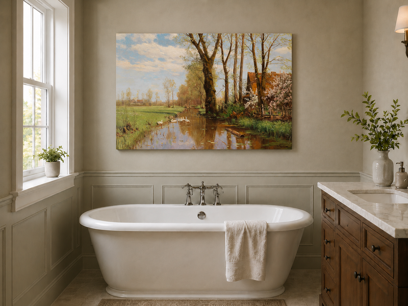 Landscape Oil Painting - Spring country canal & swans, cottage