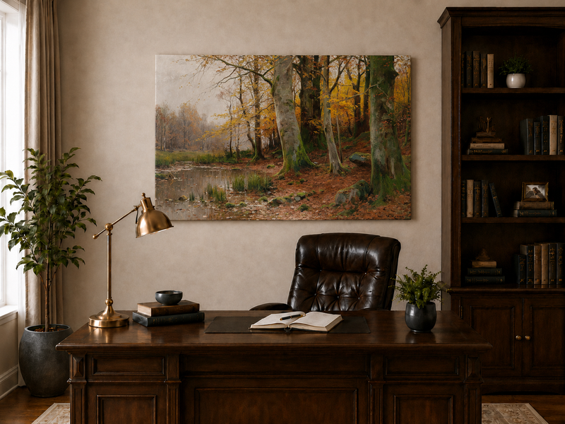 Landschaftsgemälde in Öl – Herbstlicher Waldteich und gefallenes Laub