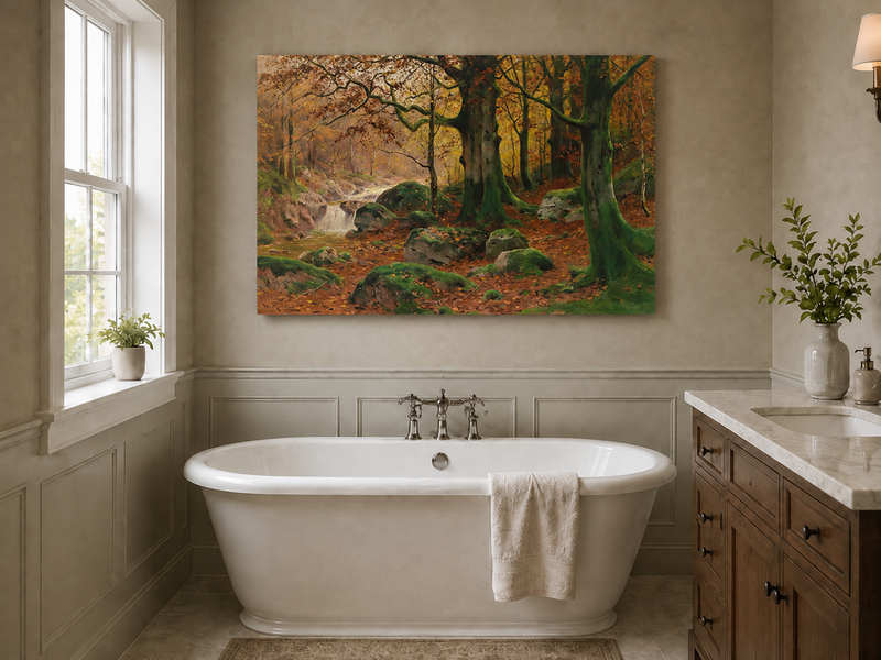 Landscape Oil Painting - Autumn forest glen & mossy rocks, stream