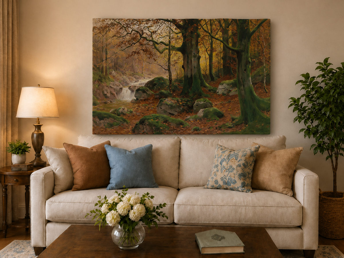 Landscape Oil Painting - Autumn forest glen & mossy rocks, stream