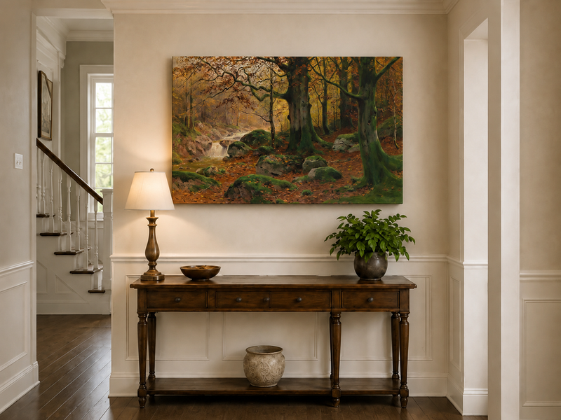 Landscape Oil Painting - Autumn forest glen & mossy rocks, stream