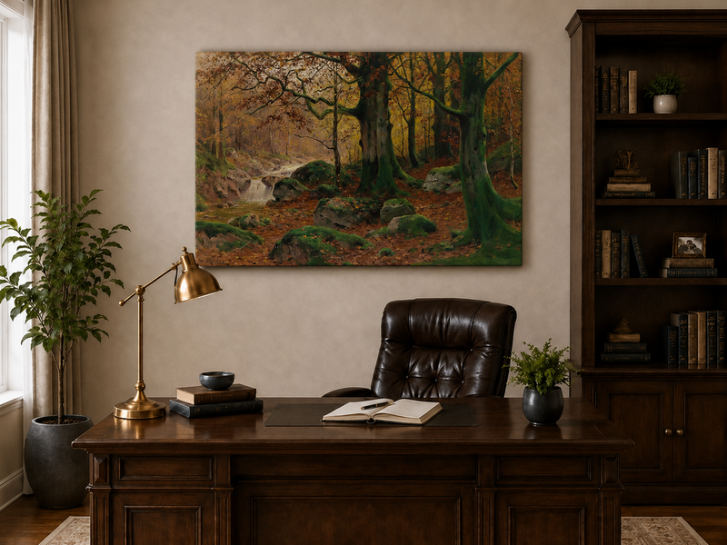 Landscape Oil Painting - Autumn forest glen & mossy rocks, stream